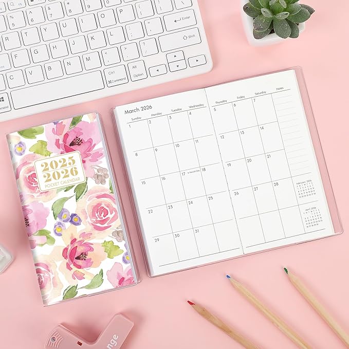 Pocket Calendar 2025-2026, Purse Monthly Planner 2025-2026 - 6.7" x 3.7" - Runs from Janury 2025 Until December 2026, Pocket Planner 2025-2026 with PVC Cover for Planning, Organizing and Office