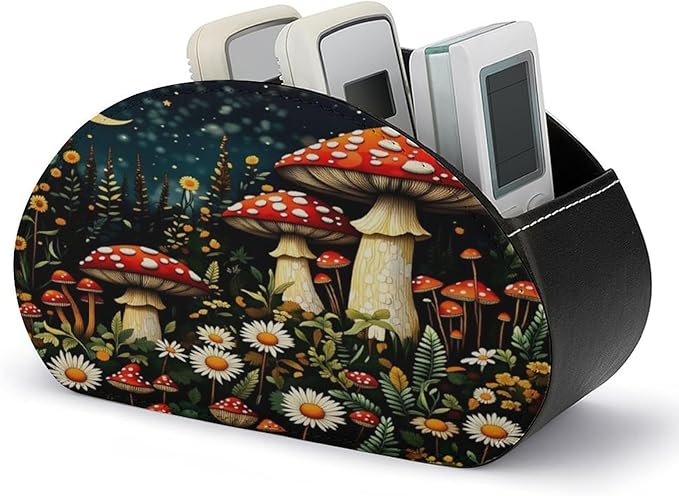 Moon Mushroom Forest Remote Control Holder with 5 Compartment PU Leather Multi Functional Desk Storage for TV Remotes Office Supplies