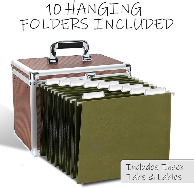 File Storage Cabinet for Letter Size Hanging File Folders, Suspension File Holder, Document Organizer Filing Lockbox in Office and Home with Combination Lock and 10-pack Hanging Files (Coffee, Letter)