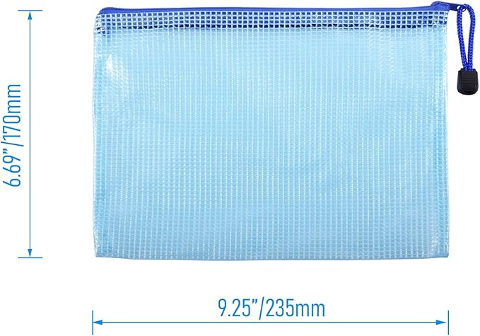 6 Pcs 9.25" x 6.69" A5 Sizes Mesh Zipper Pouch Bags, Mesh Bags with Zipper，Waterproof Clear document pouch for Organization Puzzles Travel, Office, Classroom Organization, A5 Blue