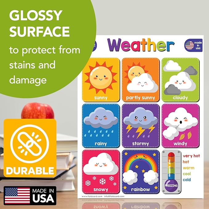 Weather Chart for Preschool to Grade 1 Kids – Bright and Colorful Educational Visual/Learning Aid Poster Decoration for Classroom or Home | Glossy Durable Cardstock | 8.5" x 11" | 5 per Pack