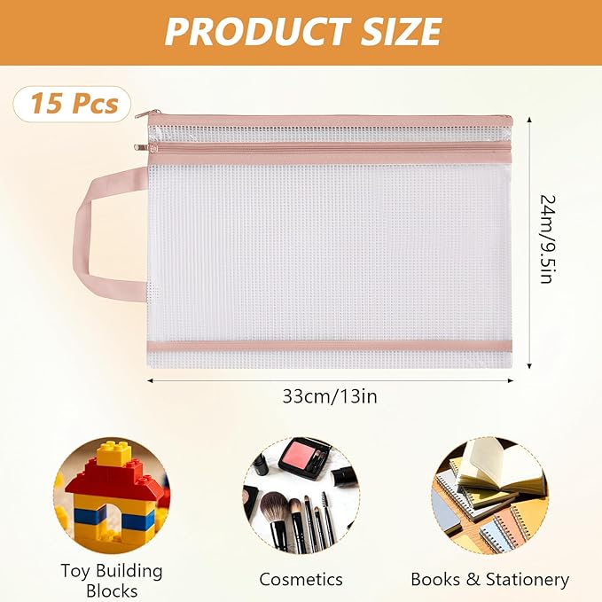 15 Pcs Mesh Zipper Pouch Bags, A4 Colored Zipper Pouch Double-Layer Nylon Puzzle Organizers and Storage Building Block Toy Board Game Storage Clear Pouch Bags for School Office & Home(5 Colors)