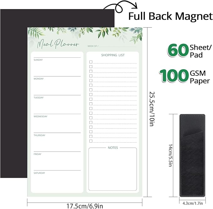 60 Sheets Meal Planner for fridge with Pen Holder, 7x10'' Magnetic Grocery List Undated Weekly Meal Planners with Tear off Shopping List, Green Leaf