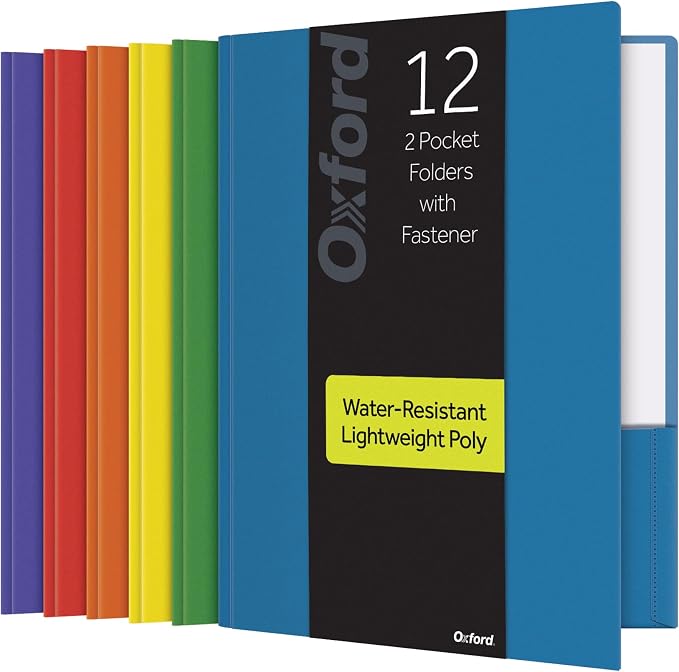 Oxford 2 Pocket Folders with Fasteners, Folder for School and Office, 2 Pocket Paper Organizer, Plastic Folders, Letter Size, Asst. Colors, (Blue, Green, Yellow, Orange, Red, Purple, 12 Pack (13188)