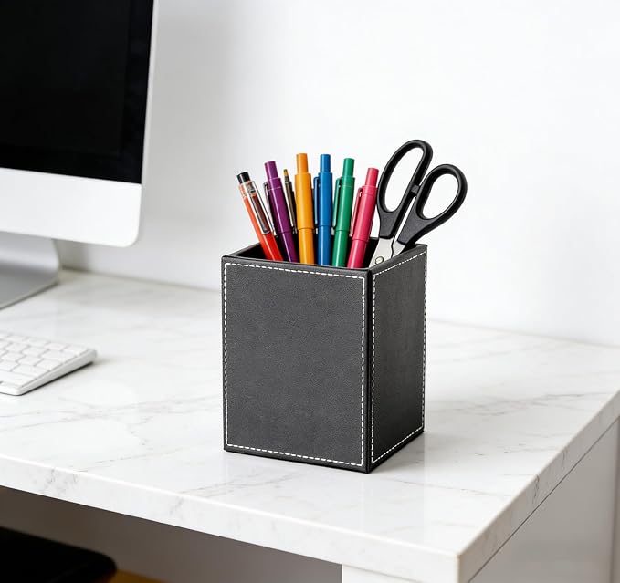 Square Pen Pencil Holder, PU Leather Pencil Cup, Desktop Stationery Organizer, Stand Desk Organizer, Office Accessories Container (Black)