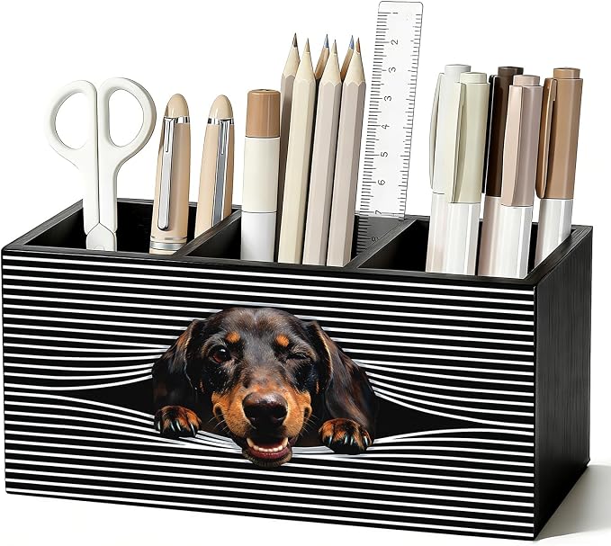 Funny Dachshund Pen Pencil Holder for Desk, Dachshund Gifts for Women Men, Weiner Dog Gifts, Dog Office Decor Wooden Box Sign Decorations for Home Office Bedroom Desk Tabletop