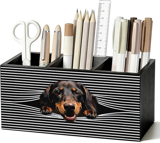 Funny Dachshund Pen Pencil Holder for Desk, Dachshund Gifts for Women Men, Weiner Dog Gifts, Dog Office Decor Wooden Box Sign Decorations for Home Office Bedroom Desk Tabletop