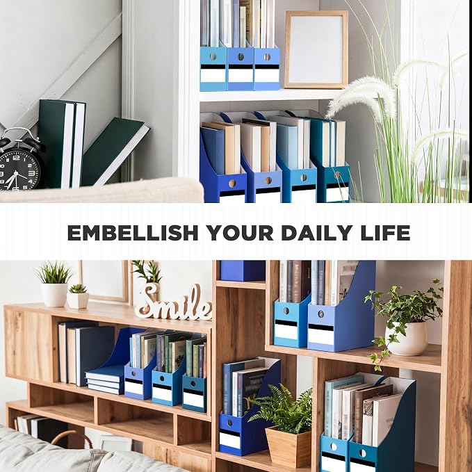 Jutom 48 Sets Magazine File Holders Foldable Cardboard Magazine Holder with White Label Stickers Desktop File Storage Box for Office Home Classroom Desk Document Organization(Blue)