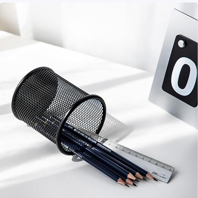 Wire Mesh Pen Cup, Black Metal Pencil Holder, Round Stationary Pen Stand Organizer for Desk Office Pen Storage, ‎3.5" x 3.9"