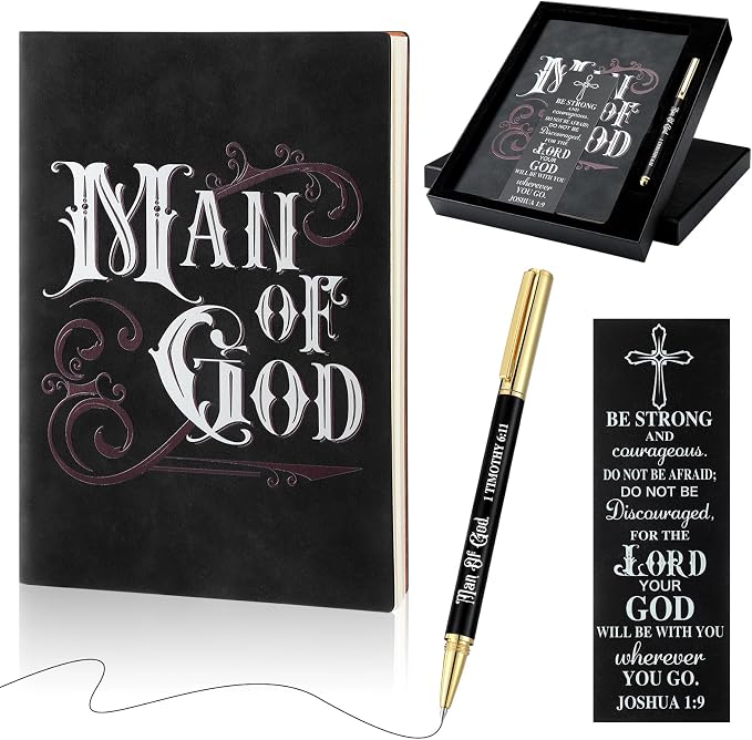 Fuyoooo 4 Pcs Christian Gifts for Men Father's Day Pastor Appreciation Gifts Vintage Leather Hardcover Notebook 1 Timothy 6:11 Religious Bible Verse Pen Joshua 1:9 Bookmark & Box(Man of God,Black)