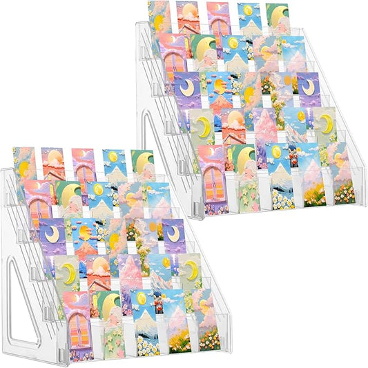2 Pcs Acrylic Bookmark Display Stand, 5 Tier Clear Bookmark Riser with 25 Compartments for 2. 5'' Bookmarks, Portable Sticker Holder Greeting Card Display for Business Vendor Retail Store Shop