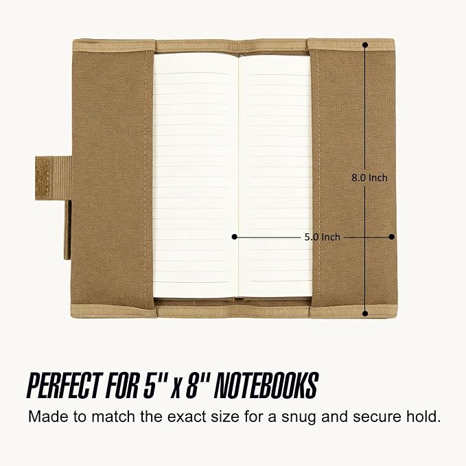 KOSIBATE Tactical Notebook Cover for 5" x 8" Field Notebook, Military Army Greenbook Cover with Hook & Loop Patch Panel, Nylon Durable Organizer with Pen Slots for Work, Outdoor, EDC(Tan)
