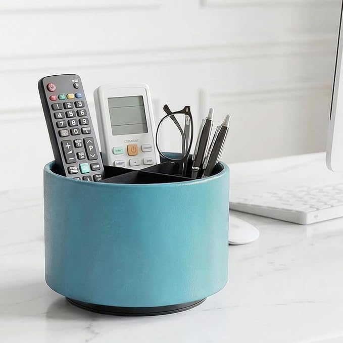 Hennaja Round Leather Art Supply Organizer,Remote Control Holder,360 Degree Spinning,Multi-Functional Pencil Holder,4 Compartments Desktop Stationary Organizer(1-Sheep Blue)
