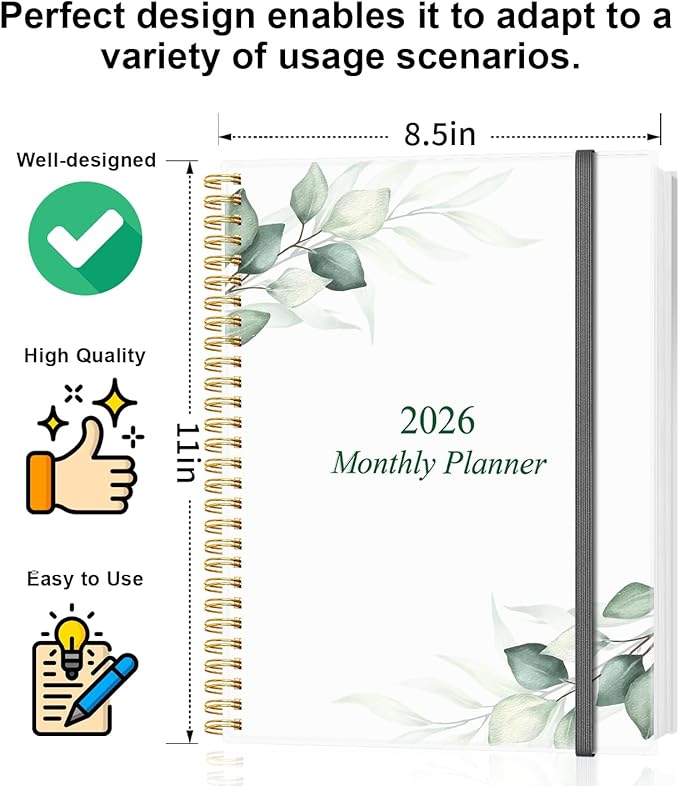 Monthly Planner 2026 - Monthly Calendar from January 2026 to December 2026, 2026 Planner with Inner Pocket, Elastic Band, 8.5" x 11", Green Leaf