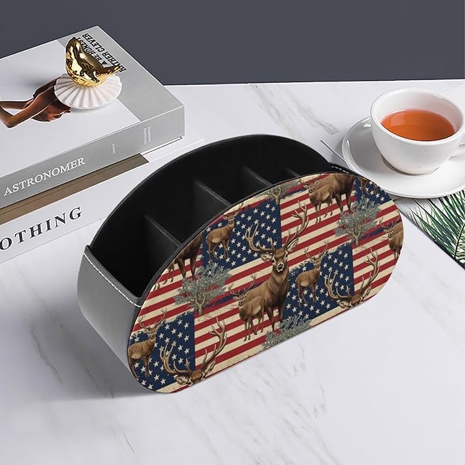 PU Leather Remote Storage Box, 5-Compartment Desk Organizer for Media Controllers, Office Supplies, and Home, American Flag Deers