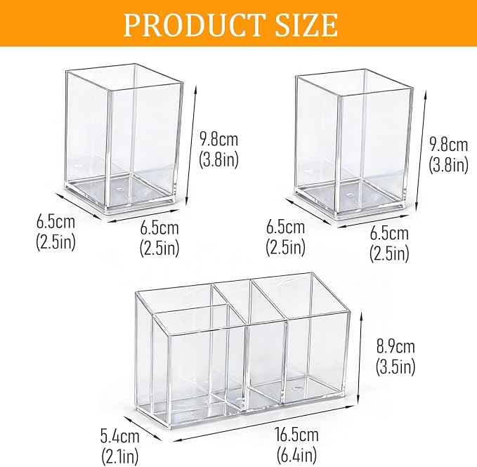 3-Piece Acrylic Pen Holder with Magnetic Sheets, Magnetic Dry Erase Marker Holder, Clear Marker Organizer Locker Organizer, Pen Organizer for Office Supplies, Makeup Brushes - No Assembly