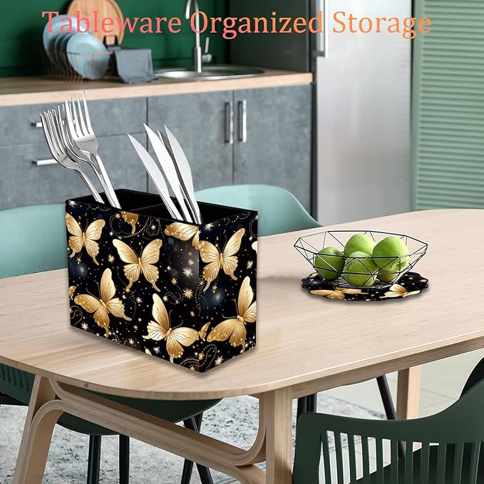 Pen Holder and Anti-Slip Mouse Pad Combination, Makeup Brush Storage Box, Tableware Storage Box, Suitable for Office and Home - Golden Butterfly