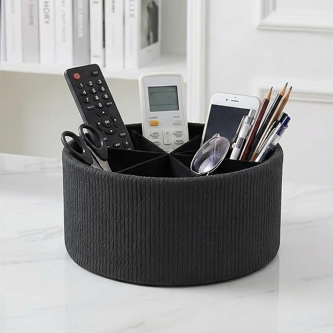 Remote Control Holder, 360°Spinning PU Leather Desk TV Remote Caddy,Desk Storage Box Room Accessories for Controller, Media,Mail,Calculator, Mobile Phone,Pencil(1-Big Wood Black)