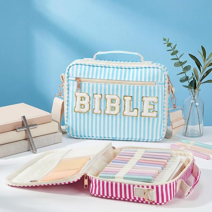 Dansydaisy Bible Cover Case for Women Large Chenille Letter Stripe Church Bible Bag with Shoulder Strap for Women(Sky Blue)