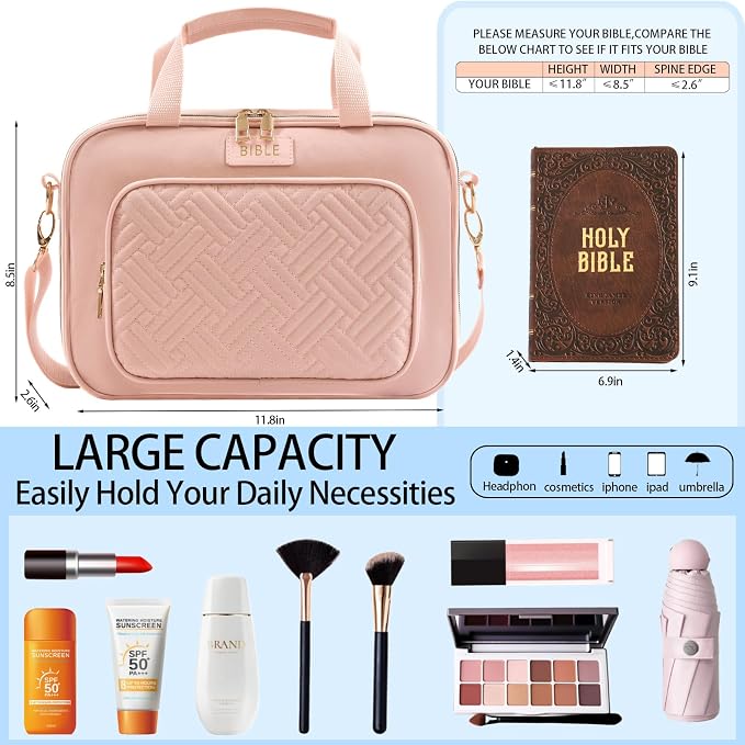 Bible Cover for Women Bible Case, Large Bible Bag, Bible Study Supplies Bible Journaling Kit Book Carrying Case with Bible Highlighters Tabs, Valentines Day Christian Gifts for Women (Pink)