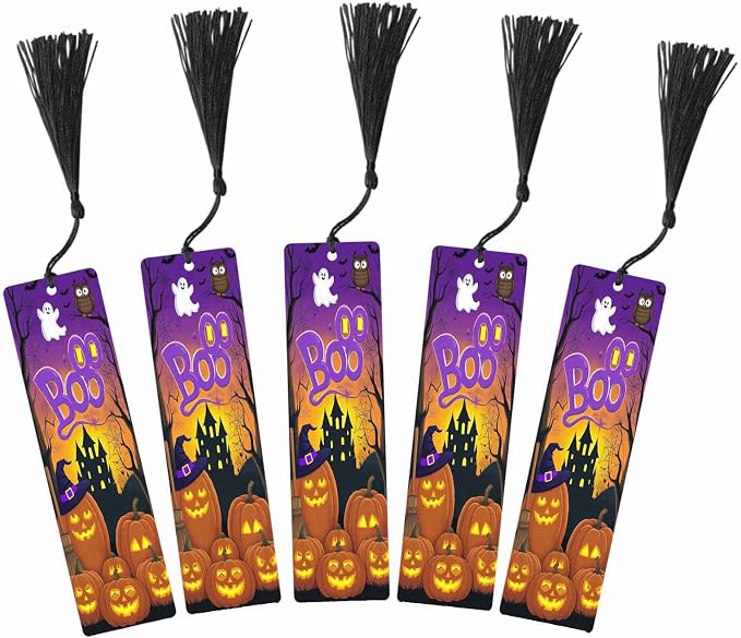 Halloween Bookmarks 5 Pcs with Tassels Pumpkin Bats Dark Night Wooden Bookmarks for Reading Women Students Teacher Reader