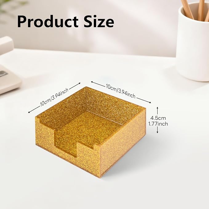 Gold Sparkling Sticky Note Holder, Glitter Acrylic Organizer, 3.94 x 3.94 in Multi-Use Tray for Office, School & Home Desk