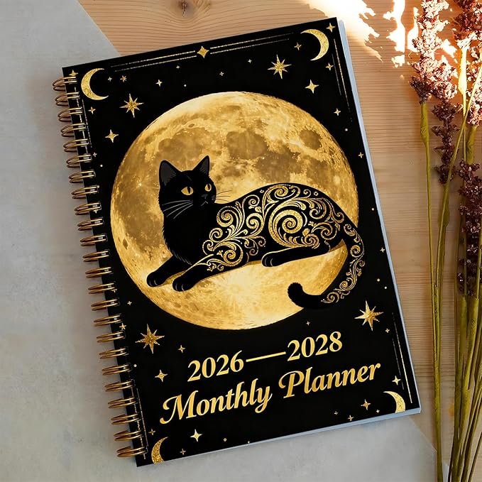 1Pc Black & Golden 2026-2028 Planner Gold Cat Tarot Spiral Gothic Moon Phase Diary, A5 Monthly Calendar & Undated Notebook, Witchy Gift for Cat Lovers