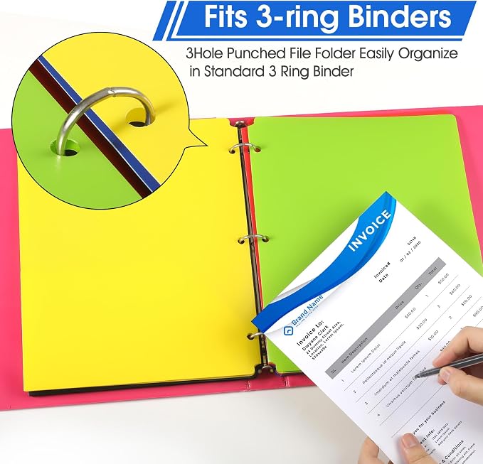 KTRIO 12 Pack Plastic Pocket Folders, 3 Hole, Letter Size, 6 Assorted Color | 3 Hole Punched, 2 Pocket Storage, Water-Resistant PP, Business Card Slot, 6 Assorted Colors