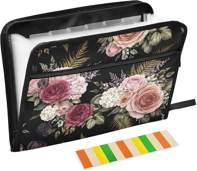 ALAZA Retro Rose Flower Expanding Filing Folder, 13 Pockets Expandable Document Organizer Folder with Zipper Closure for Home Office A4 Letter Size Paper Document