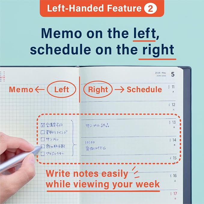 HIDARI Left-handed planner 2026 Japan edition, monthly and weekly, Jan 2026-March 2027, 5×7" (Ivory)