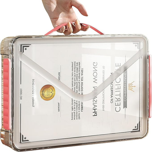 Clear Storage Boxes with Lid - A4 Transparent Paper Storage Organiser with Handle and Portable Project Case Drawer Organizer for Storing Certificates Photos Scrapbook and Invoices(Red Handle)