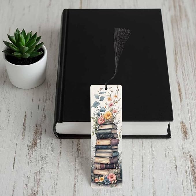 Old Books Pattern Bookmarks Set 5 with Tassels Watercolor Pink Flower Wooden Bookmarks for Reading Women Men Students Teachers School Supplies