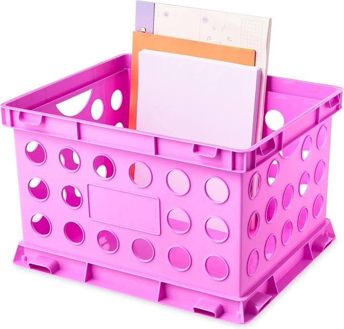 Storage Crate with Handles, 6 Pack Plastic File Organizer Box for Letter Legal Size Documents, Stackable Office Supply Container, 14x10.5x16.97 Inch, Purple