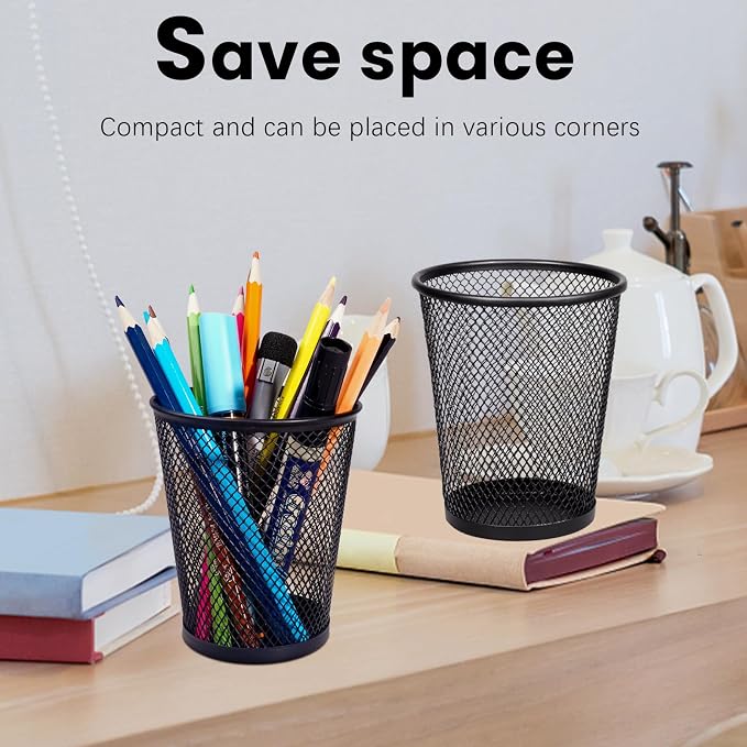 QYH Mesh Pencil Holder Metal Pen Cup Black for Desk, 6 Pack Office Desk Organizer for Business, School & Home
