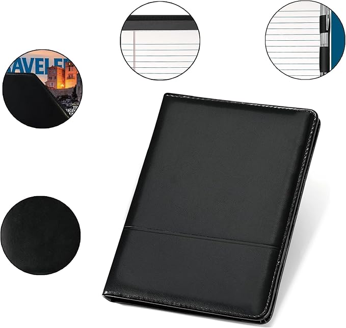 Classic Padfolio/Junior Portfolio Folder Case, Business A5 Binder Organizer Notepad for Men Women, 5 x 8 Writing Pad Included,Black.