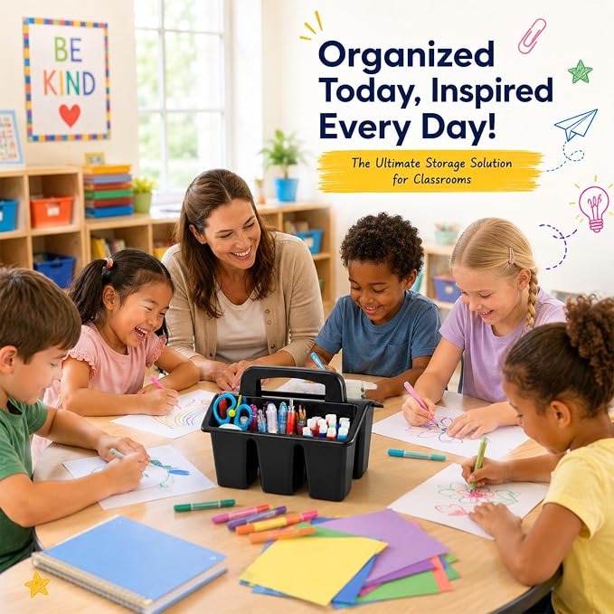 8 Pack Classroom Caddy Storage Basket with Handle 4 Compartment Storage Caddy Plastic Arts Crafts Caddies Protable Classroom Craft Caddies for Kids Schools Art Craft Supplies(Black)