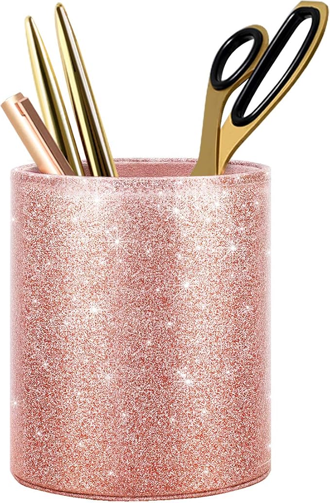Pen Holder for Desk, Pencil Cup Pink Glitter Bling for Women Girls, Luxury Makeup Brush Holder Large Pu Leather Multi-Functional Organizer Cup for Office, Classroom, Home, Rose Gold