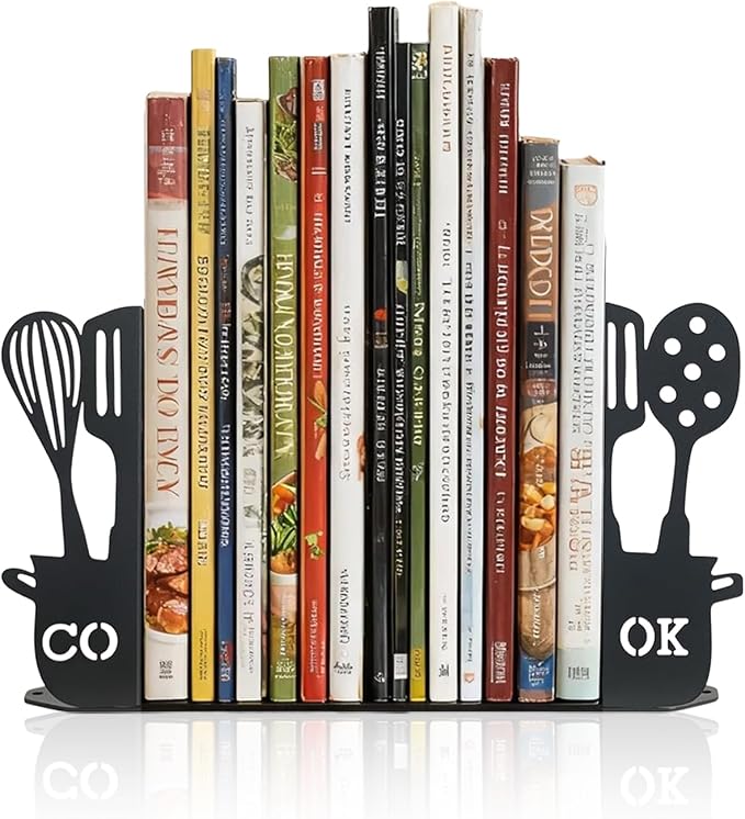 ENCIMART Metal Book Ends for Shelves, Kitchen Bookends Home Decorative Bookends for Heavy Books, Unique Cute Cookbook Organizer Book Holder for Kitchen Housewarming Cooking Book Lover Gifts, Black