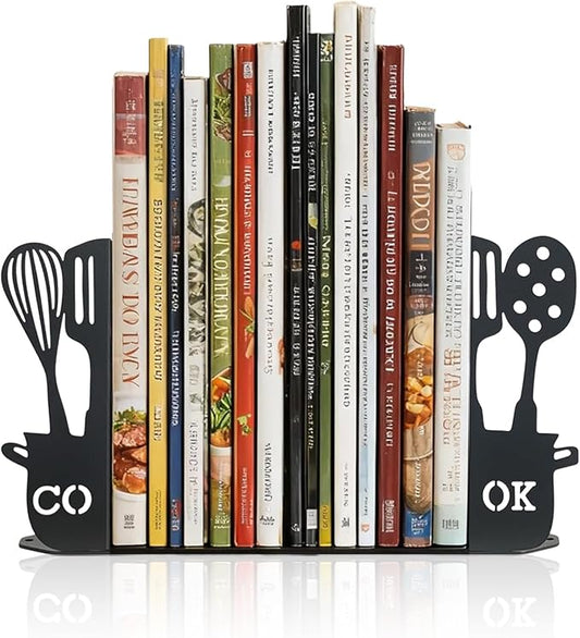 ENCIMART Metal Book Ends for Shelves, Kitchen Bookends Home Decorative Bookends for Heavy Books, Unique Cute Cookbook Organizer Book Holder for Kitchen Housewarming Cooking Book Lover Gifts, Black