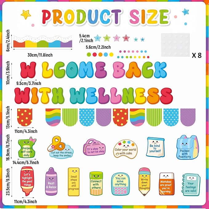Welcome Back with Wellness Bulletin Board Set Inspirational Affirmations Classroom Decoration Mental Health Bulletin Board Motivational Paper Cutout for Back to School Poster Office Home Wall Decor