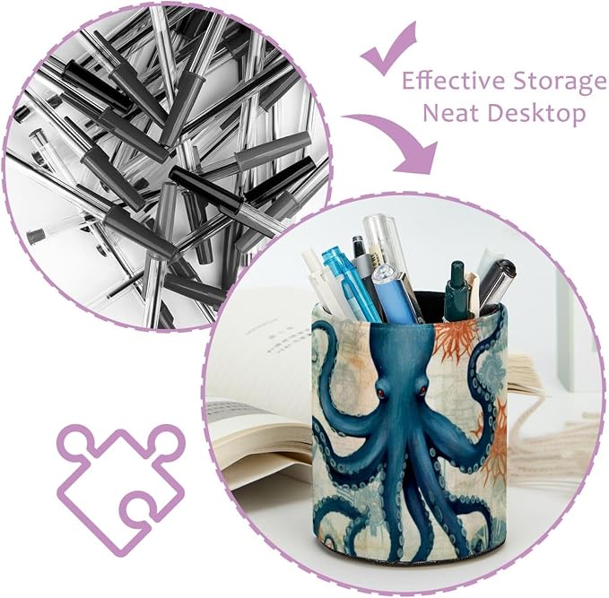 Large Capacity Pen Holder for Desk, Leather Pencil Holder Pen Cup Marker Holder Makeup Brush Holders, Desk Accessories Organizers for Home, School & Office, Nautical Octopus Vintage