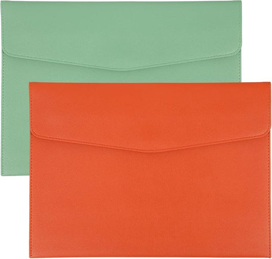 PATIKIL 2Pcs PU Leather A4 File Folder, Document Holder Envelope Waterproof Napa Texture Filing Organizer Portfolio Folder Case with Magnetic Snap Closure for Home Office, Green, Orange