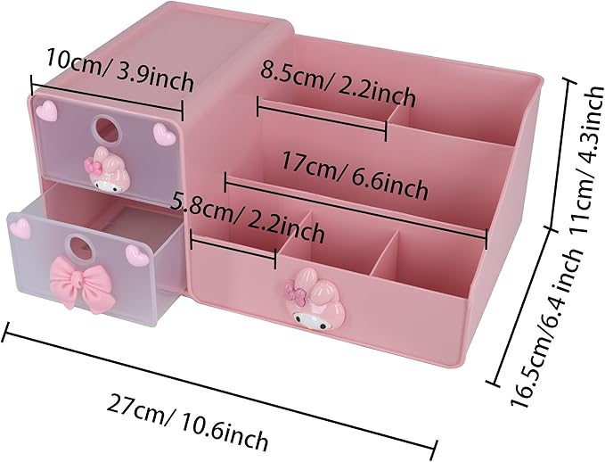 Roffatide Small Makeup Brush Organizer Holder with 2 Drawer 6 Slots, Cosmetic Brushes Storage, Cute Cartoon Puppy Pen Holder for Office Supplies Container