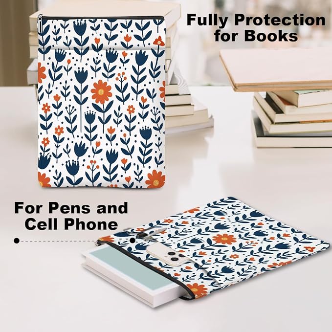 Book Sleeve Book Lovers Gifts Waterproof Books Pouch Protector Cover Reading Accessories Gifts for Women Girls Bookworm Grandma Reader Librarian Birthday Graduation Christmas, Aesthetic Floral Print