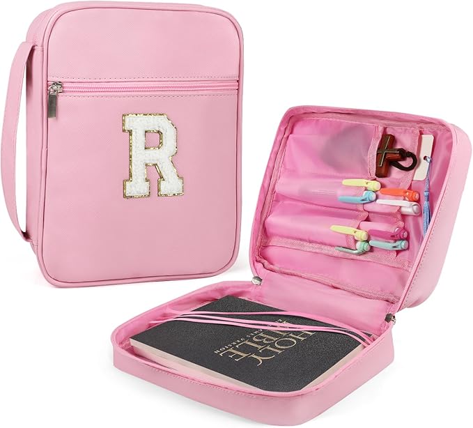 Bible Covers for Girls, Fruobeyla Pink Bible Cases for Woman PU Leather Bibles Carrying Case for Women, Large Bibles Tote Bags with Handle and Zippered Pocket for Kids, Pink (Letter R)