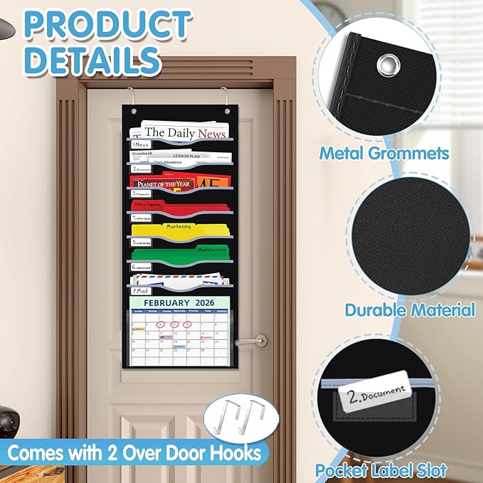 ALSLEA Hanging File Organizer 8 Pockets 15¾”W Legal/ Letter Size Paper Organizer, Pocket Chart for Classroom , Mail Organizer Wall Mounted, Over the Door Organizer with 12 Nameplate, 5 Hooks (Black)