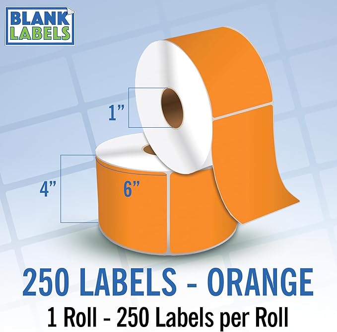 4" X 6" Direct Thermal Shipping Labels | Orange | 1" Cores w/Perfs Easy Tear | Made in USA | Printing Label | 250 Labels | 250 Labels per Roll | 1 Rolls | Blank Labels