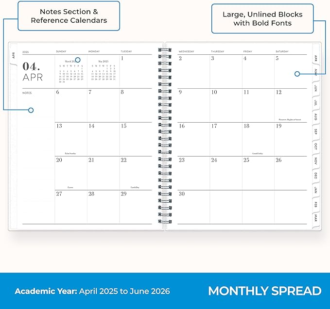 Blue Sky 15 Month 2025-2026 Weekly and Monthly Academic Year Planner Calendar, April 2025 - June 2026, 7" x 9", Flexible Cover, Wirebound, Laminated Tabs, Includes Ruler & Sticky Notes, Aiden Dark