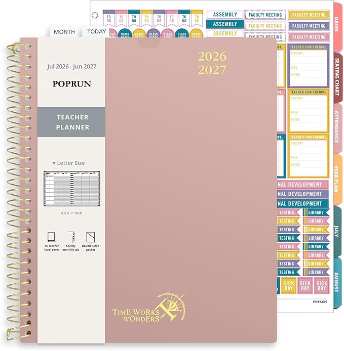 POPRUN Teacher Planner 2026-2027, 8.5" x 11", Academic Lesson Plan Book for Teachers (July 26-June 27) Weekly and Monthly with Gradebook, 2-Sided Pocket, Flexible PP Cover for Classroom, Mocha Mousse