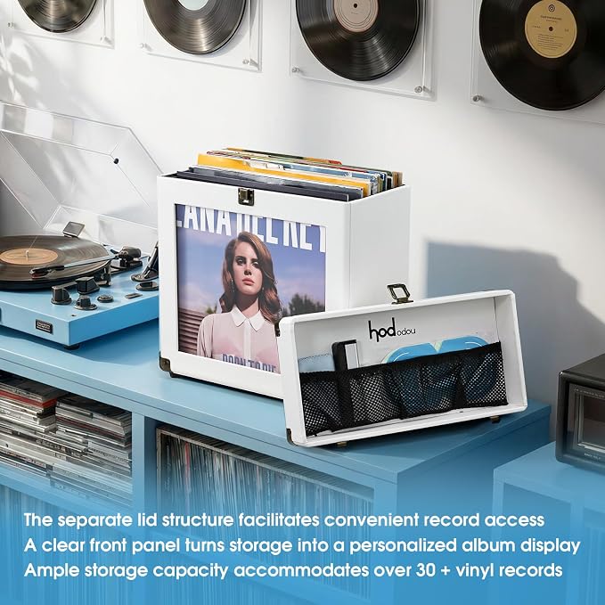 Hododou Vinyl Record Storage Box with Lock Record Organizer Storage for 30+ Single Records 12-inch Water Resistant Collapsible Storage Crate with Lid Handle Mesh Pouch for Vinyl Collect Acrylic White